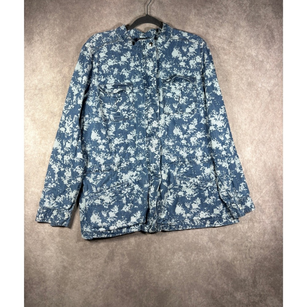 Chadwicks Jacket Womens XLT Blue Floral Utility Cotton Denim Field Chore Coat
